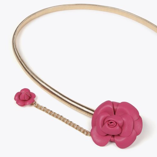 Stretch Metal Belt with Faux Leather Pink Flowers