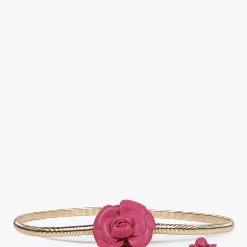 Stretch Metal Belt with Faux Leather Pink Flowers