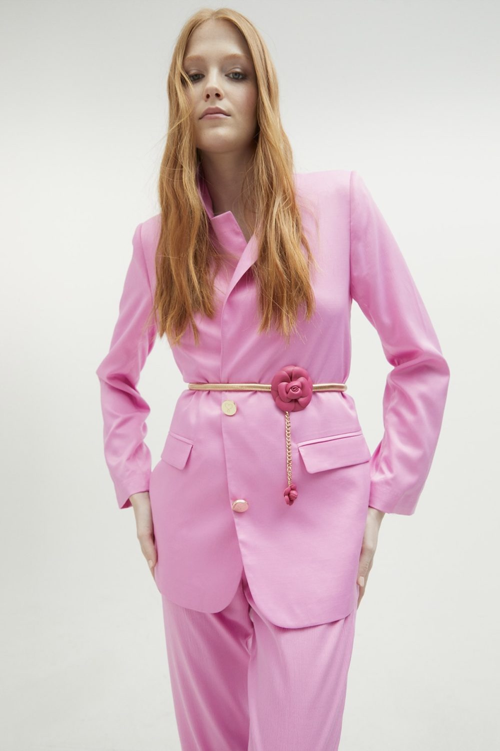 Stretch Metal Belt with Faux Leather Pink Flowers