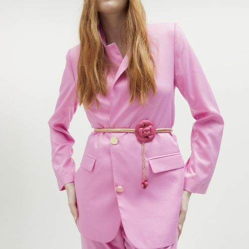 Stretch Metal Belt with Faux Leather Pink Flowers