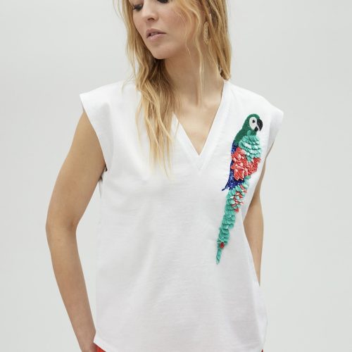 T-Shirt With Multicoloured Parrot Detail
