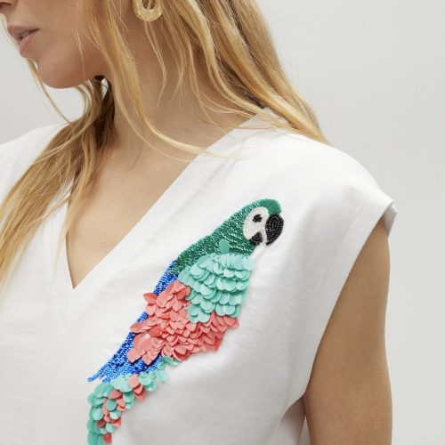 T-Shirt With Multicoloured Parrot Detail