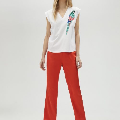 T-Shirt With Multicoloured Parrot Detail