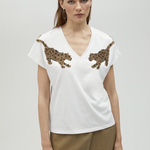 T-Shirt With Multicoloured Parrot Detail