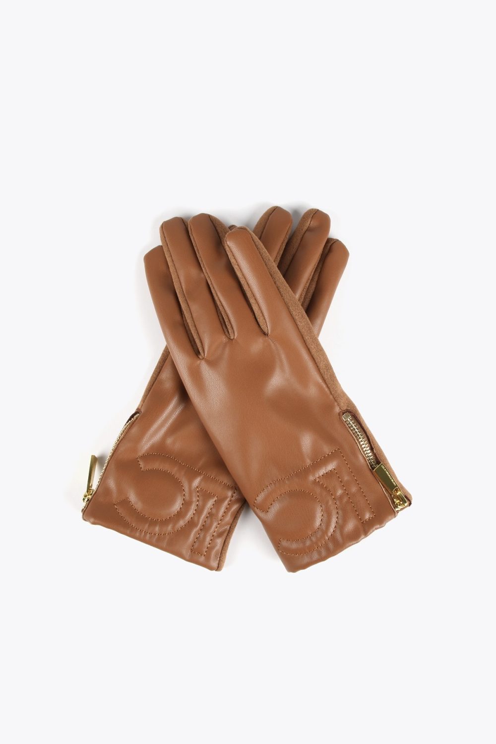 Faux Leather Camel Gloves with Logo