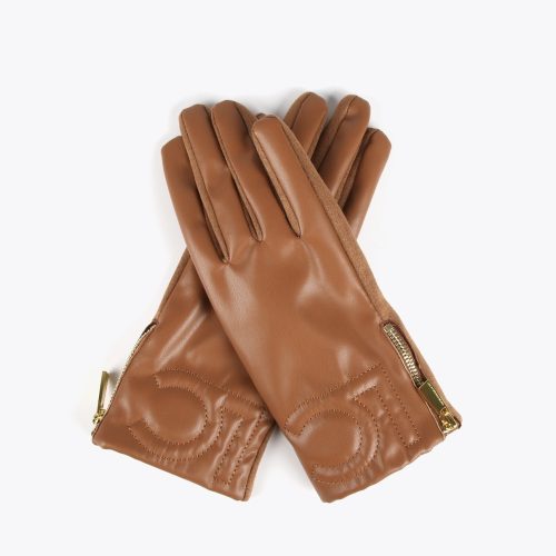 Faux Leather Camel Gloves with Logo