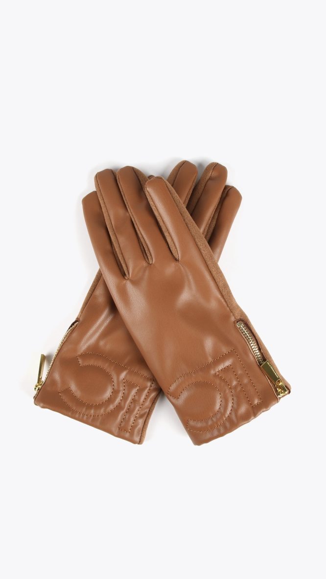 Faux Leather Camel Gloves with Logo