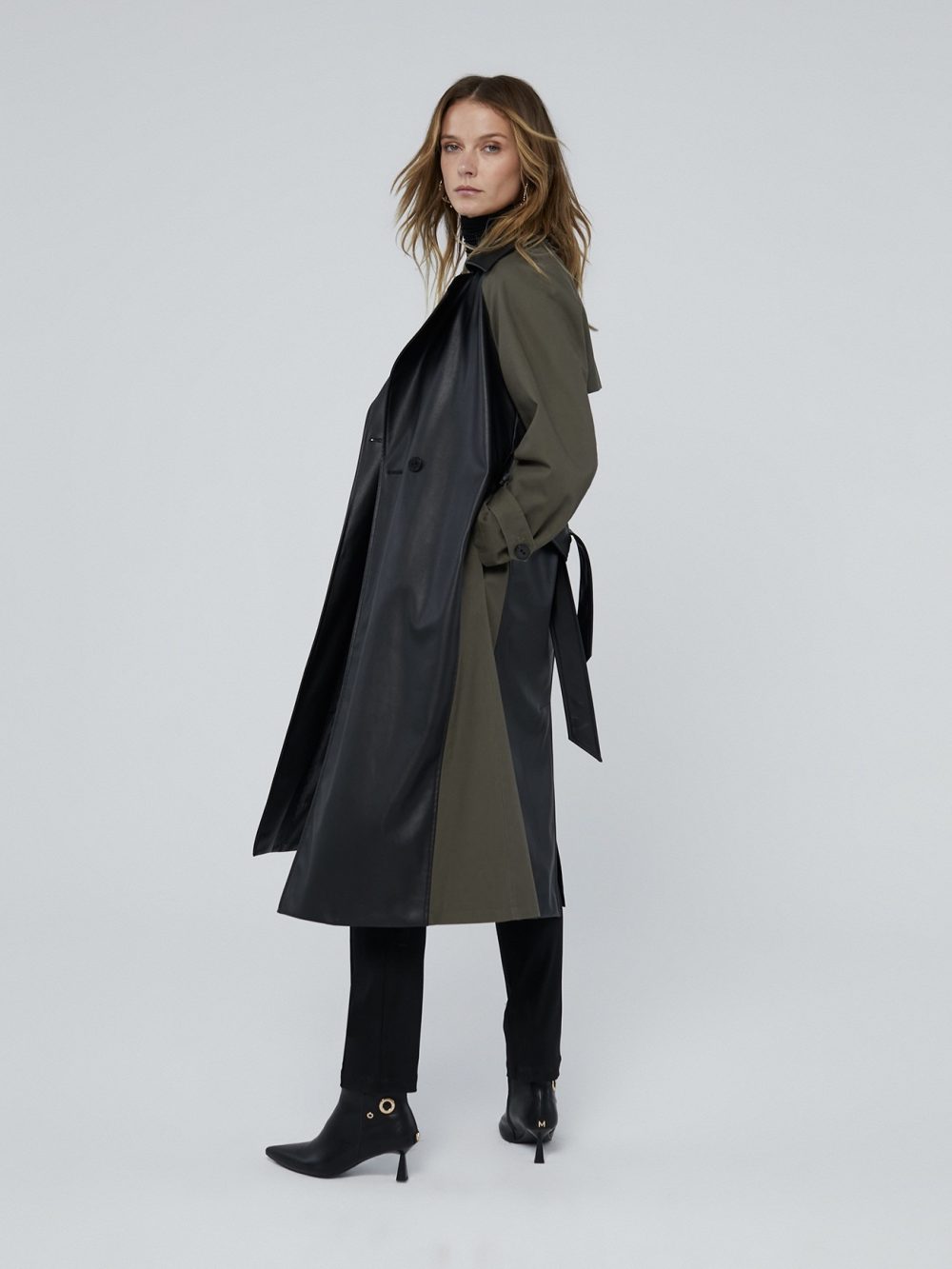 Contrast Faux Leather Trench Coat