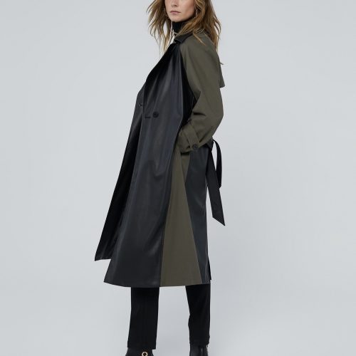 Contrast Faux Leather Trench Coat