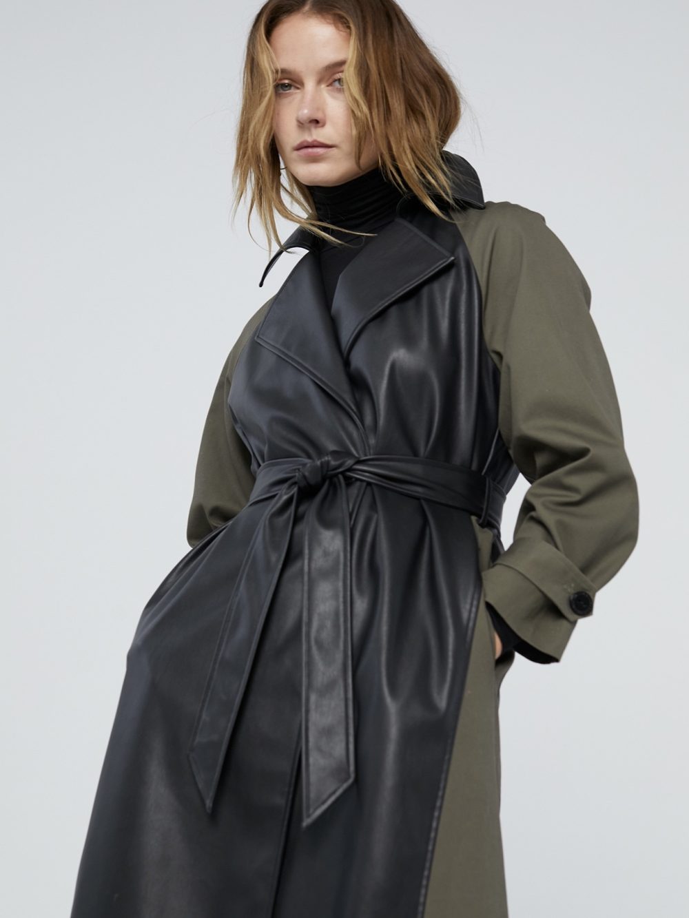 Contrast Faux Leather Trench Coat