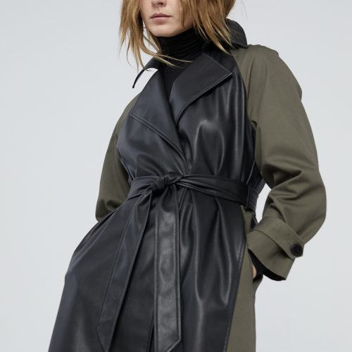 Contrast Faux Leather Trench Coat