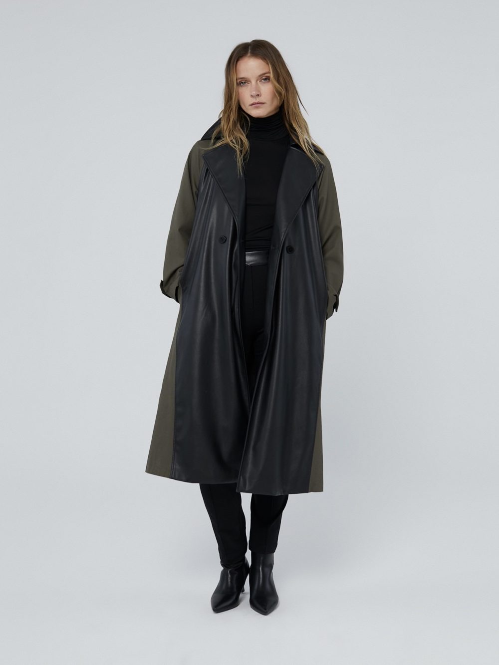 Contrast Faux Leather Trench Coat
