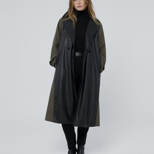 Contrast Faux Leather Trench Coat
