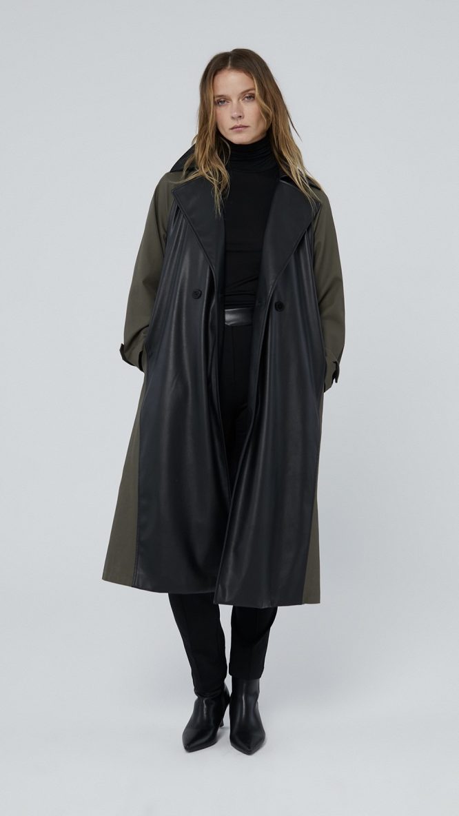 Contrast Faux Leather Trench Coat