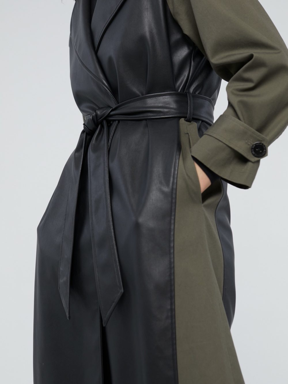 Contrast Faux Leather Trench Coat