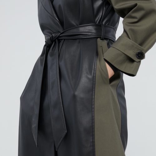 Contrast Faux Leather Trench Coat
