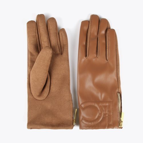 Faux Leather Camel Gloves with Logo