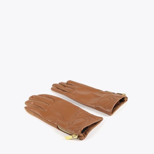 Faux Leather Camel Gloves with Logo
