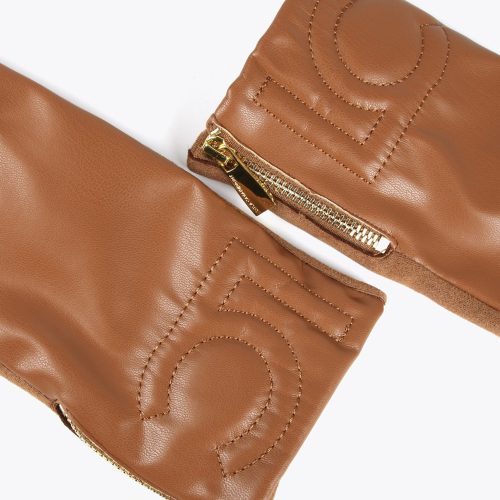 Faux Leather Camel Gloves with Logo
