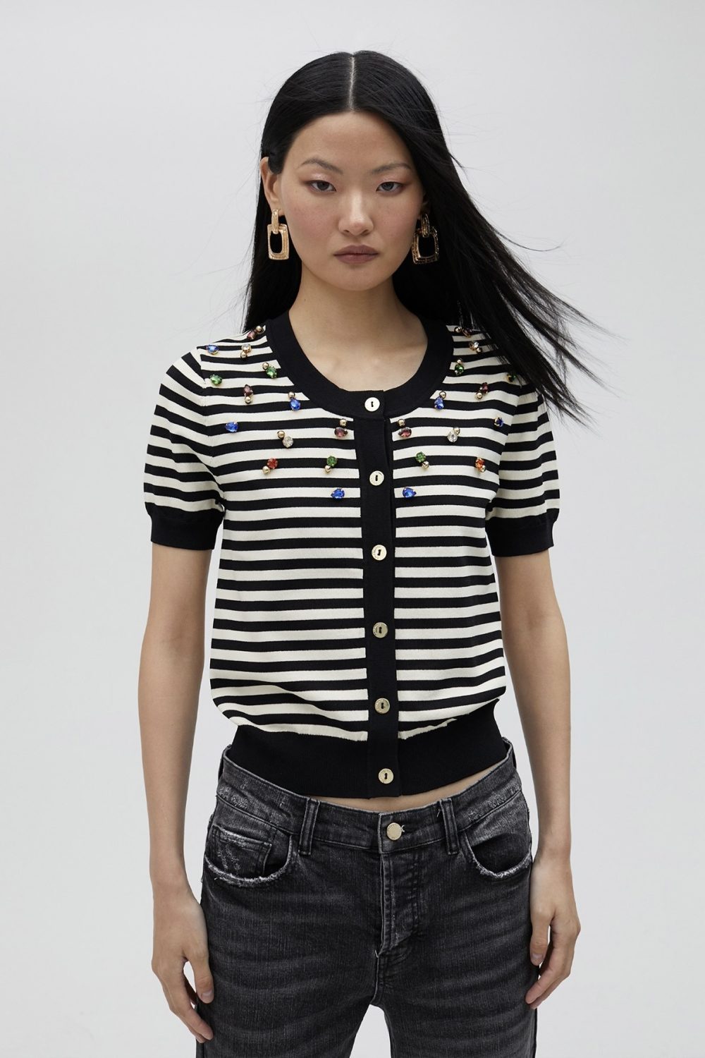 Striped Cardigan With Rhinestones