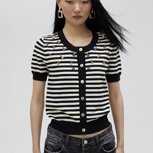 Striped Cardigan With Rhinestones