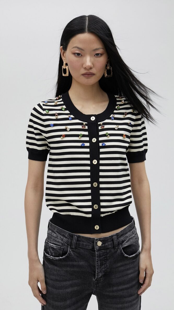 Striped Cardigan With Rhinestones