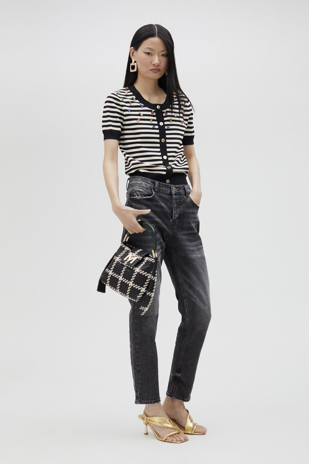 Striped Cardigan With Rhinestones