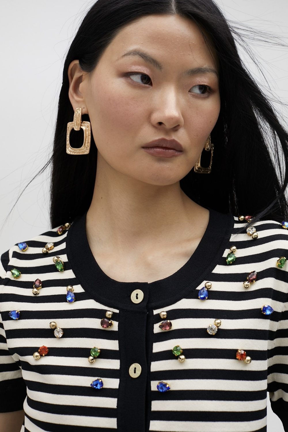 Striped Cardigan With Rhinestones