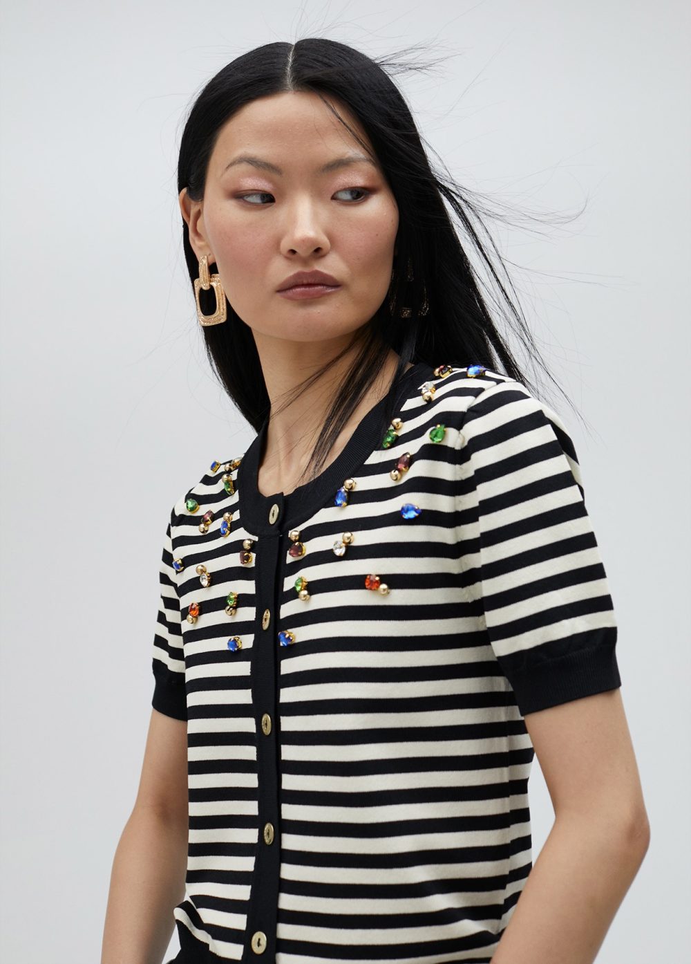 Striped Cardigan With Rhinestones