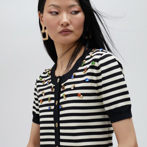 Striped Cardigan With Rhinestones