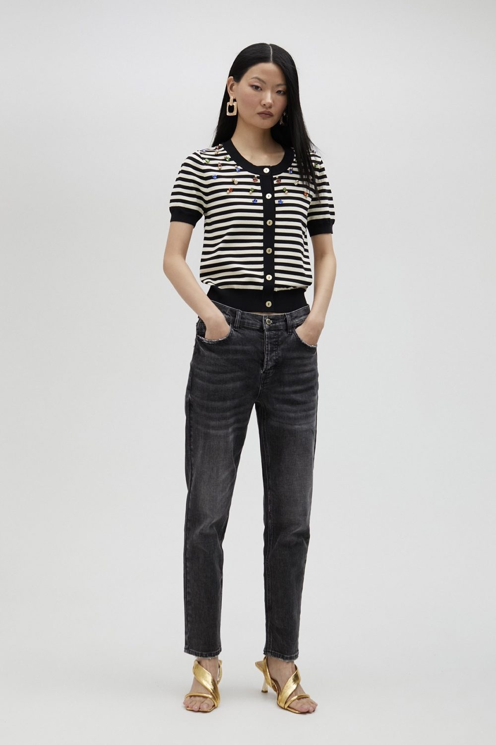 Striped Cardigan With Rhinestones