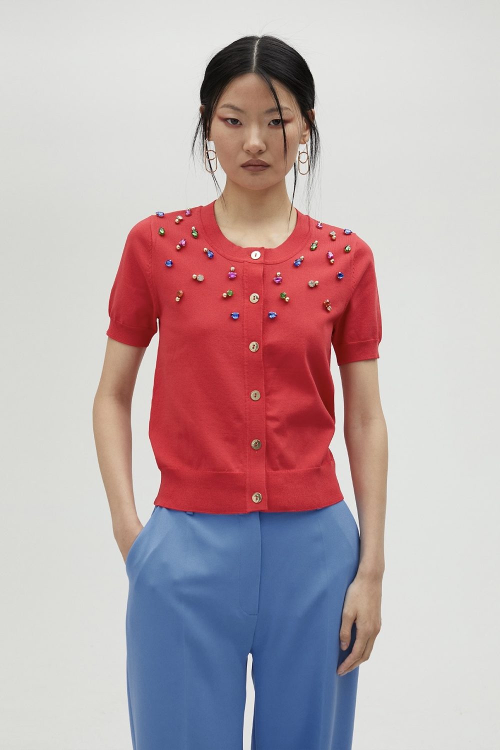 Striped Cardigan With Rhinestones