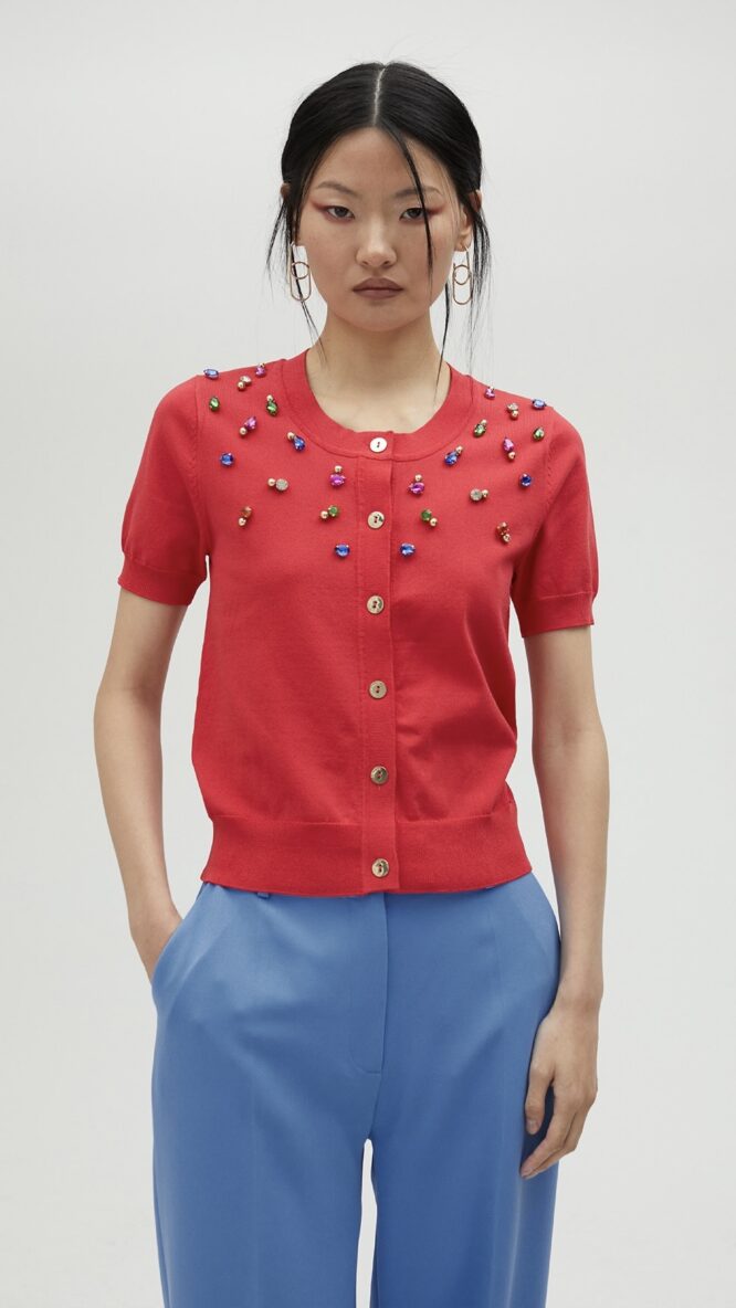 Red Cardigan With Rhinestones