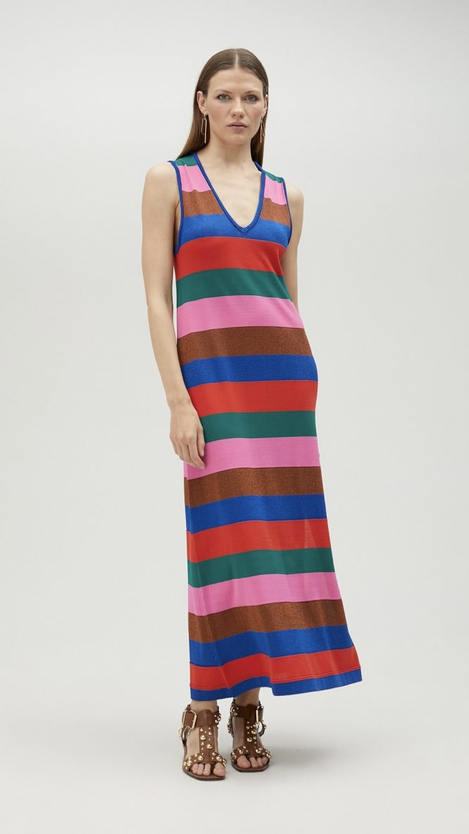 Multicolor Striped Knit Midi Dress