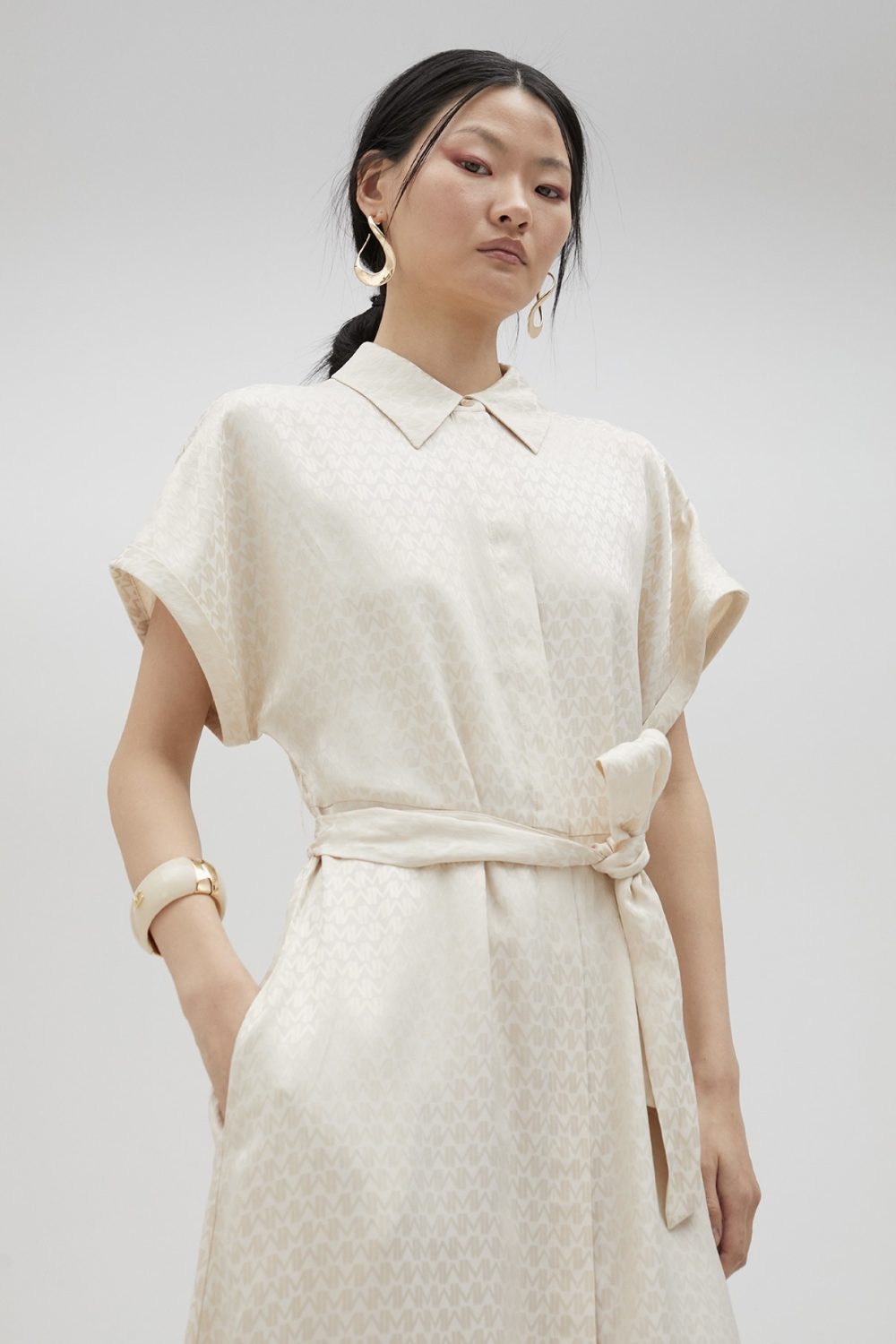 Satin Shirt Dress In Cream