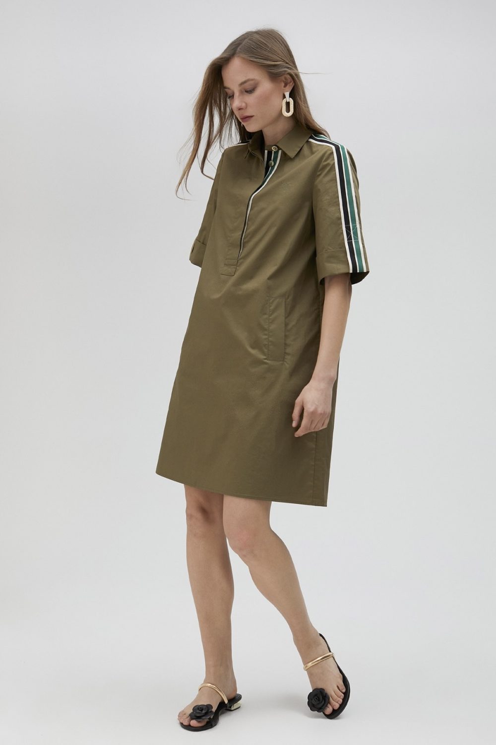 Poplin Khaki Mini Shirt Dress