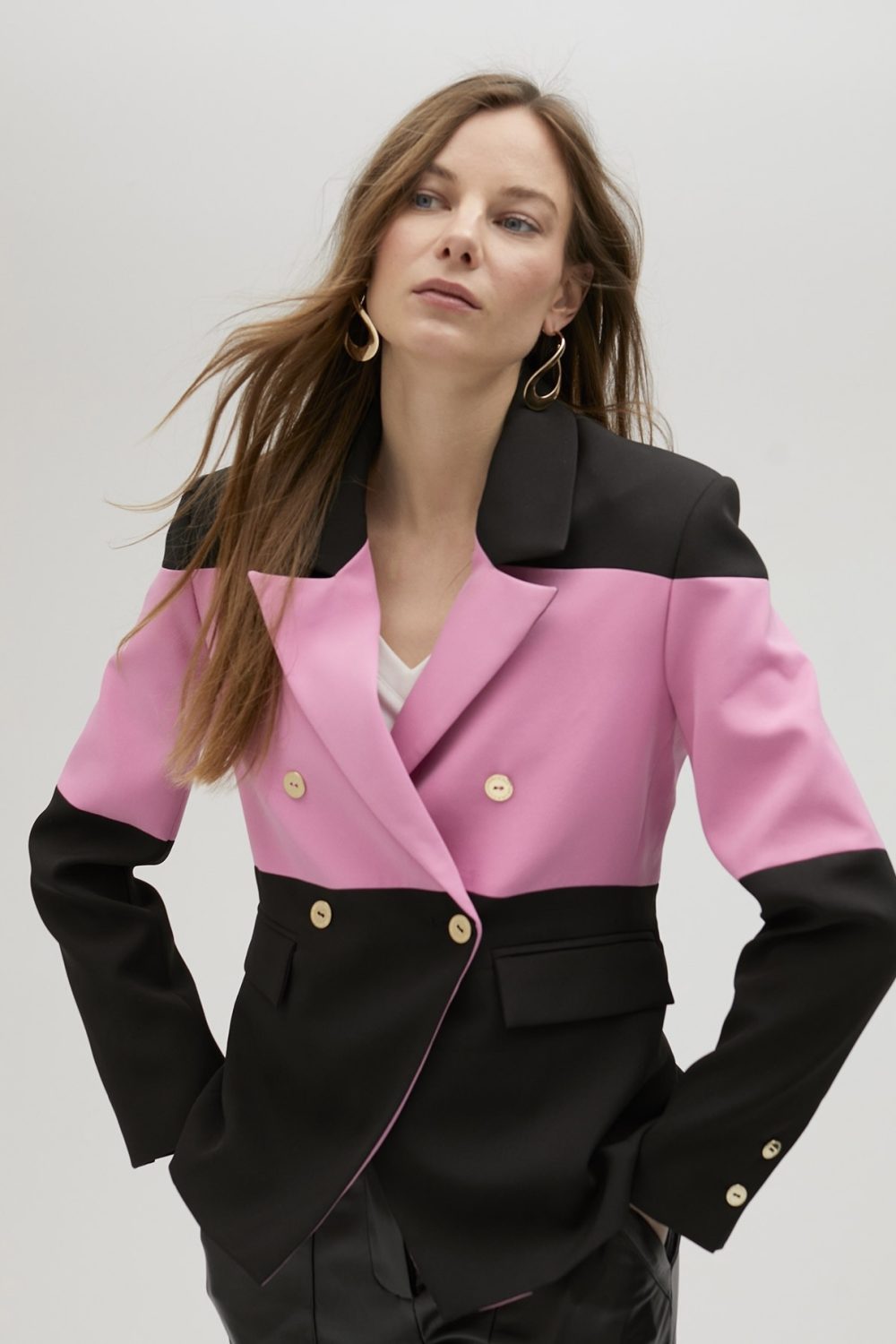 Pink & Black Double-Breasted Blazer