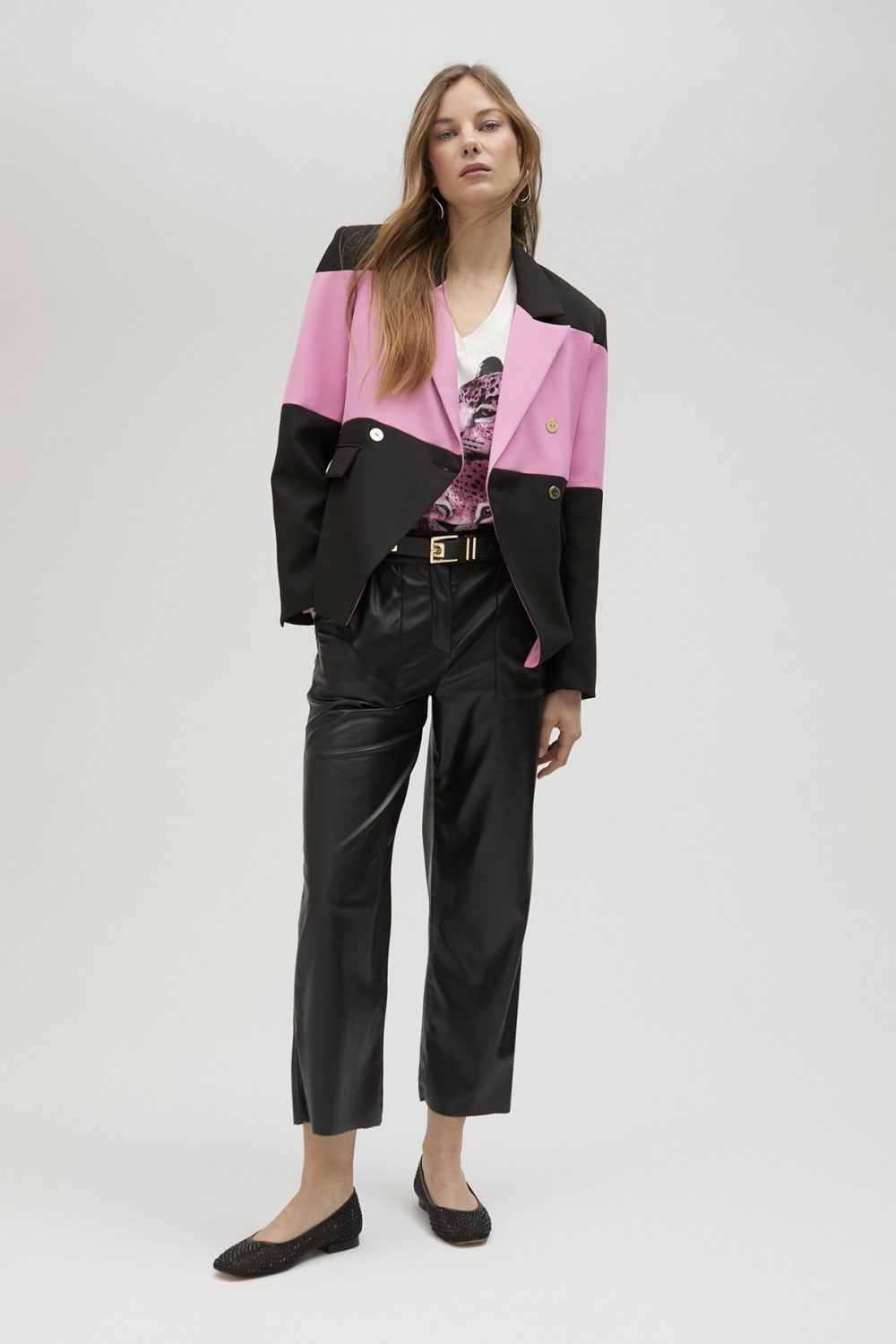 Pink & Black Double-Breasted Blazer