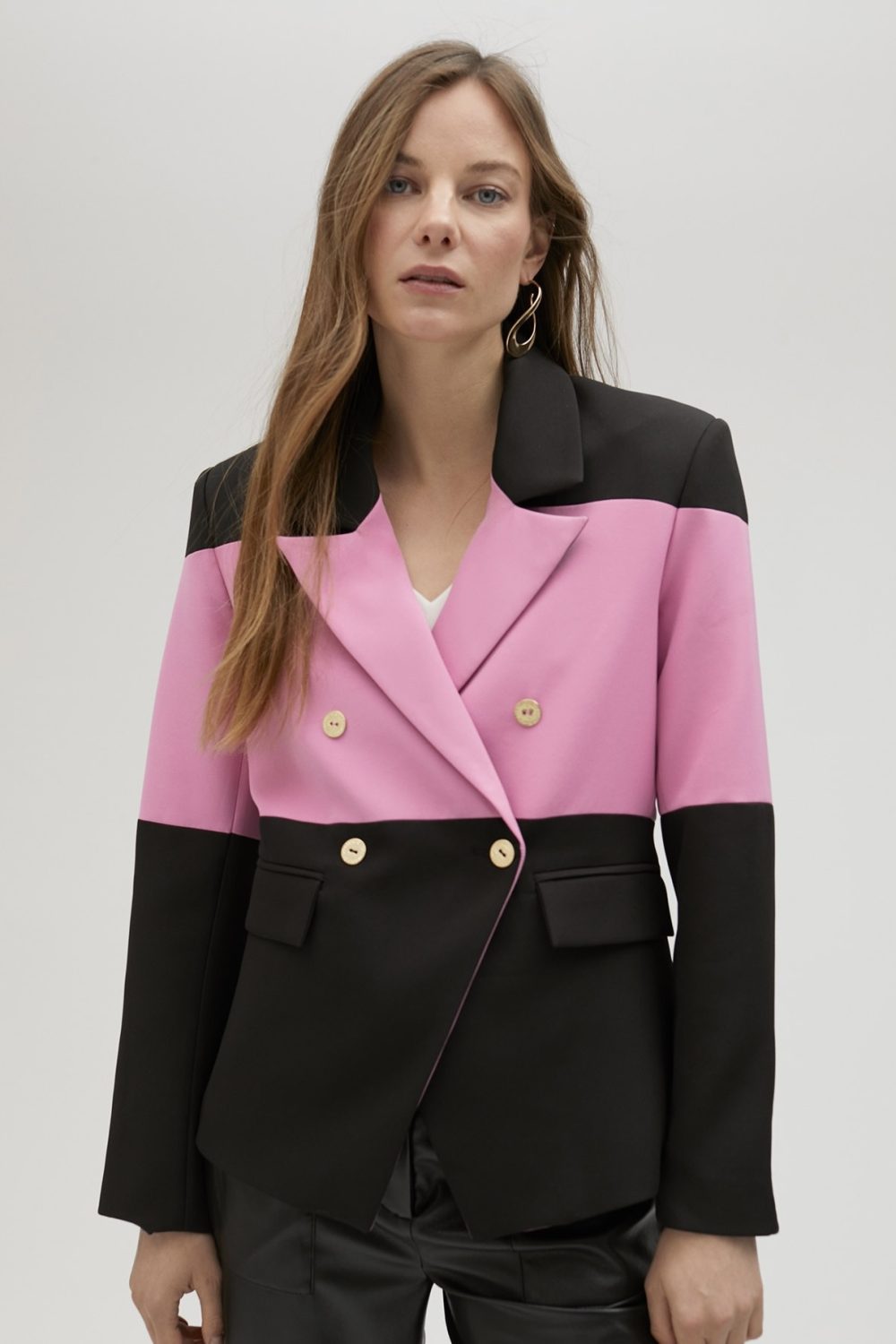 Pink & Black Double-Breasted Blazer