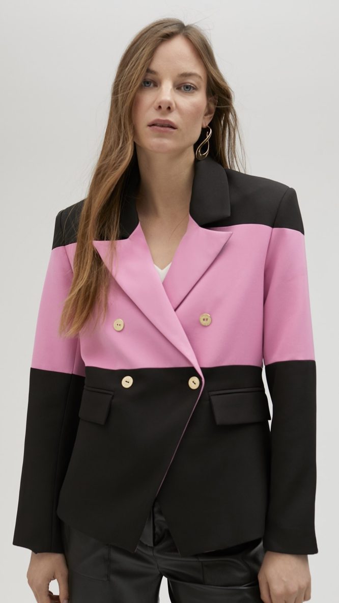 Pink & Black Double-Breasted Blazer