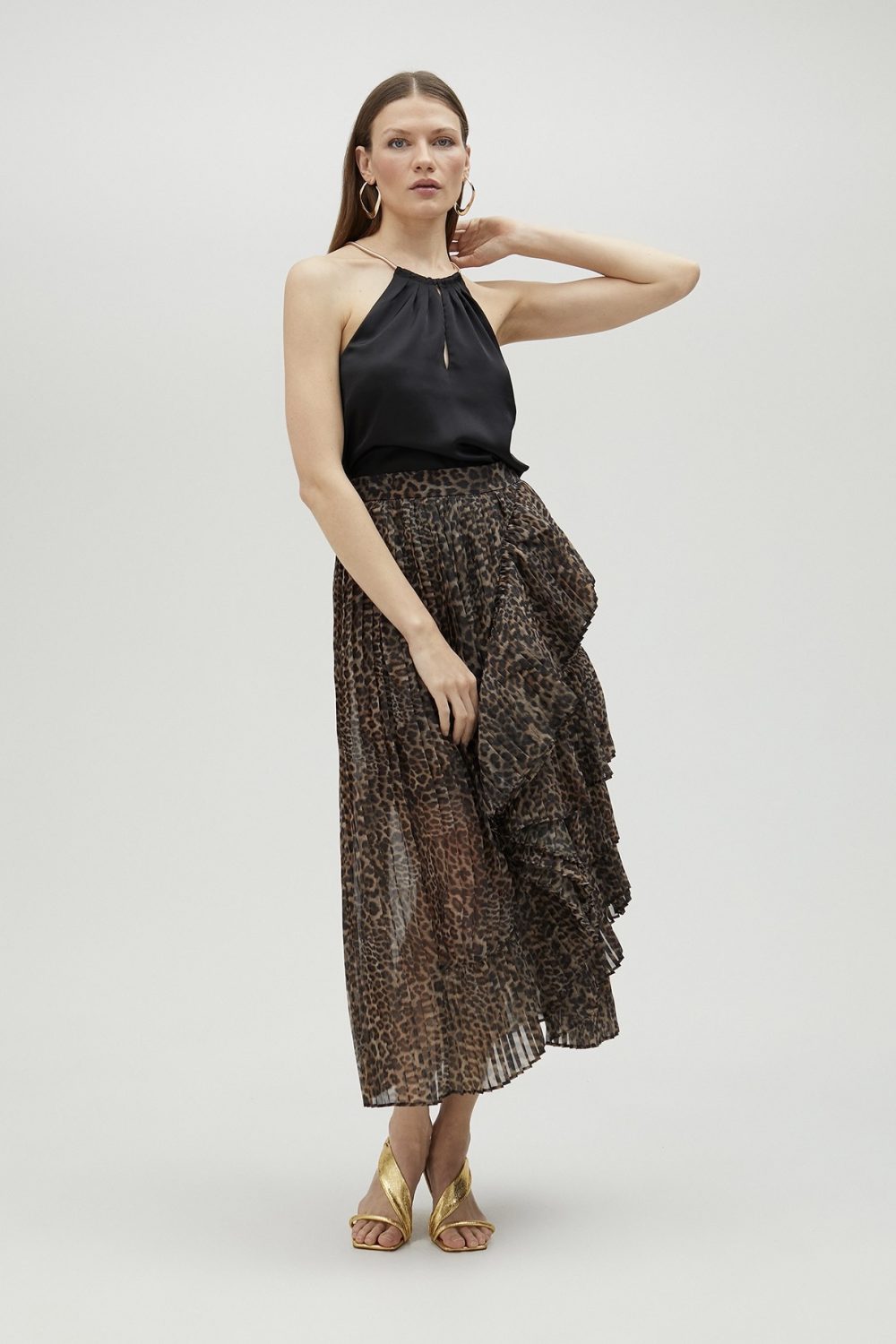Pleated Animal Print Skirt With Ruffles