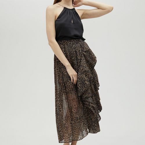 Pleated Animal Print Skirt With Ruffles