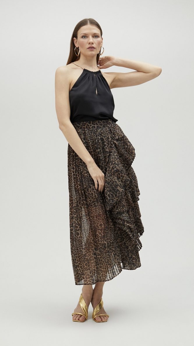Pleated Animal Print Skirt With Ruffles