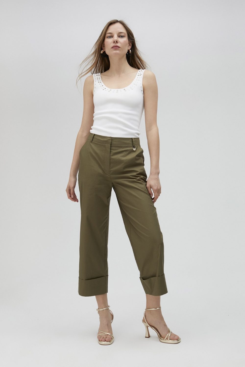 Poplin Khaki Trousers with Turn-ups