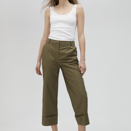 Poplin Khaki Trousers with Turn-ups