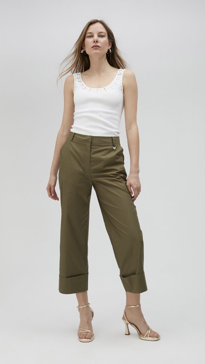 Poplin Khaki Trousers with Turn-ups