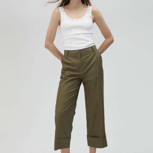 Poplin Khaki Trousers with Turn-ups