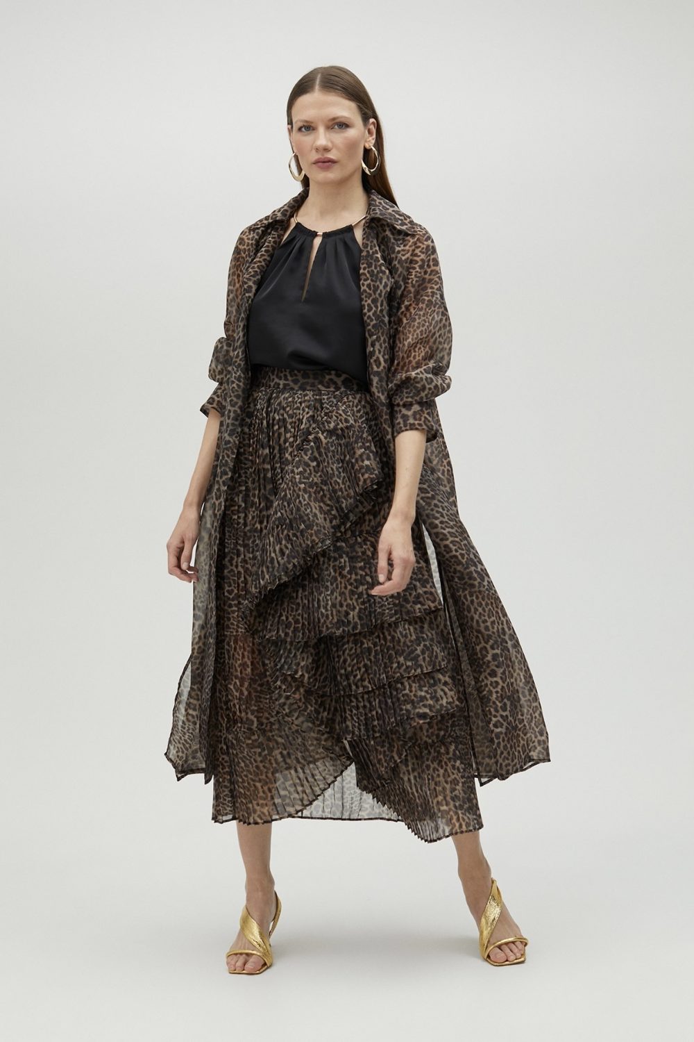 Pleated Animal Print Skirt With Ruffles