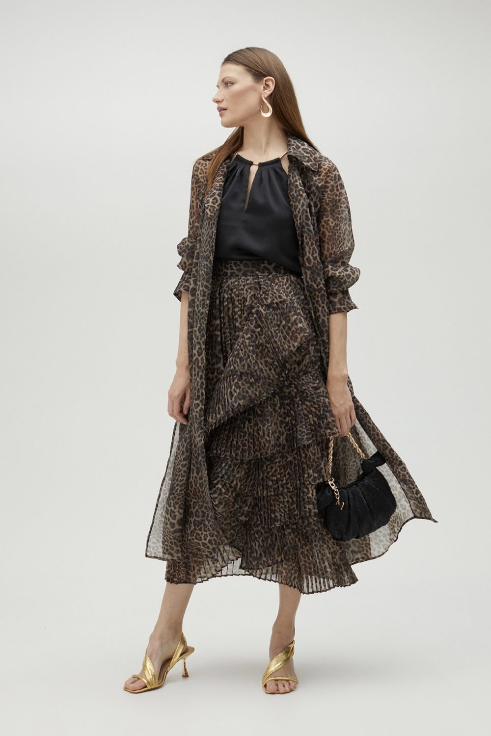 Pleated Animal Print Skirt With Ruffles