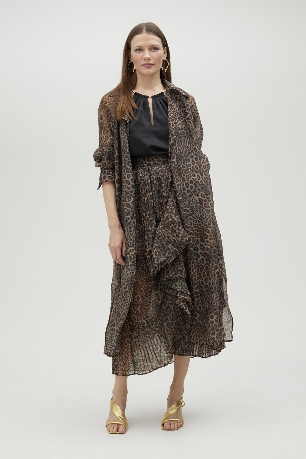 Pleated Animal Print Skirt With Ruffles